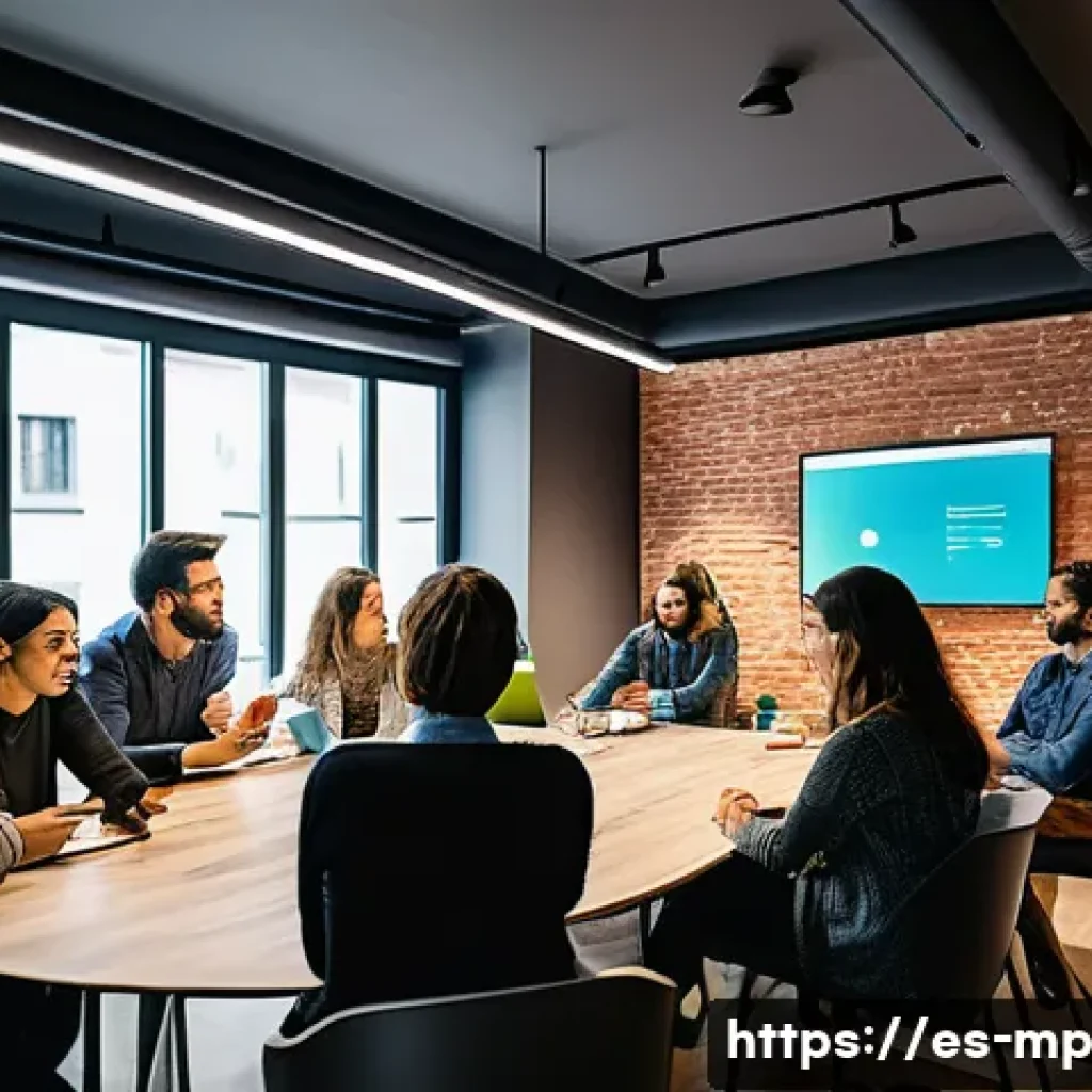 마이크로커뮤니티에서 영향력 있는 사용자 육성하기 - A vibrant digital community meeting scene set in a modern coworking space in Madrid, featuring diver...