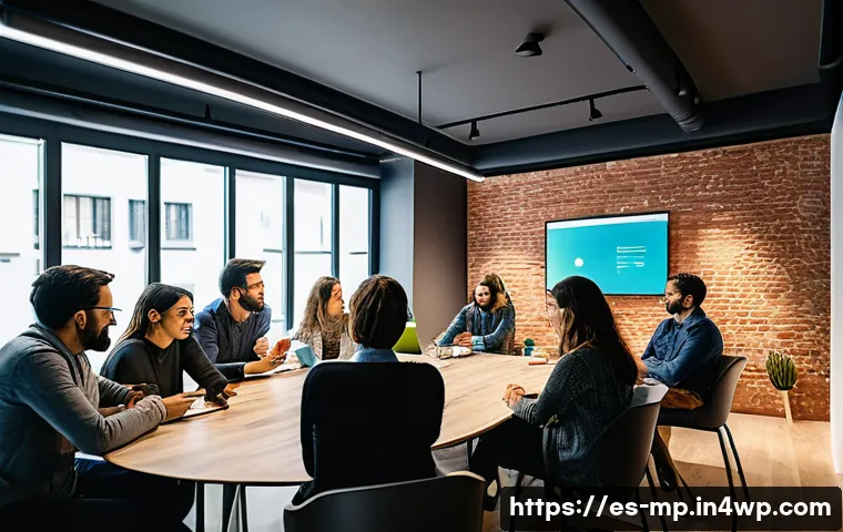 마이크로커뮤니티에서 영향력 있는 사용자 육성하기 - A vibrant digital community meeting scene set in a modern coworking space in Madrid, featuring diver...