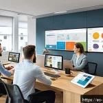마이크로커뮤니티 플랫폼 비교 - A vibrant digital workspace scene showing a diverse group of professionals collaborating in a sleek,...
