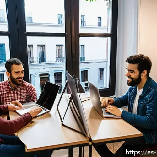 기술 기반 마이크로커뮤니티 사례 - A vibrant local technology meetup in a cozy Madrid coworking space, featuring a diverse group of 15 ...