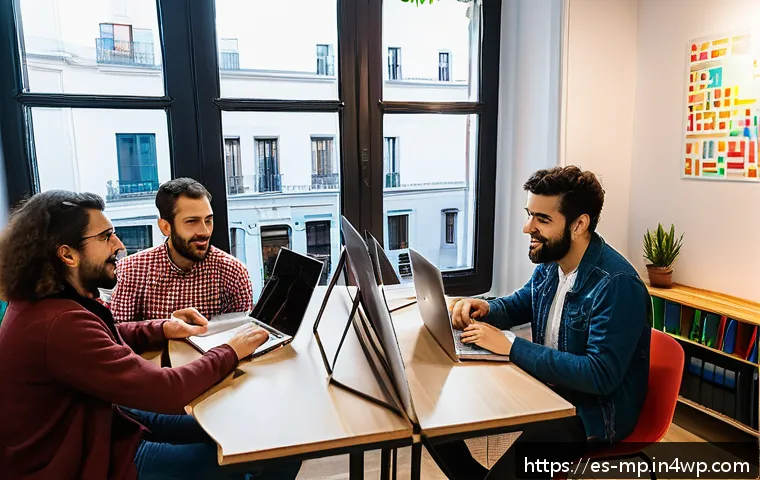 기술 기반 마이크로커뮤니티 사례 - A vibrant local technology meetup in a cozy Madrid coworking space, featuring a diverse group of 15 ...