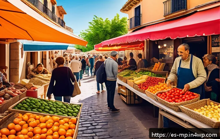 마이크로커뮤니티의 경제적 가치 - A vibrant urban neighborhood scene in Spain showcasing a lively microcommunity market with local ven...