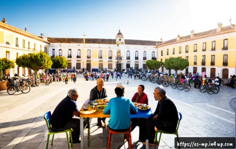 Home 17 마이크로커뮤니티의 사회적 영향 - Photorealistic neighborhood microcommunity gathering in a sunny Spanish-speaking city plaza, diverse...