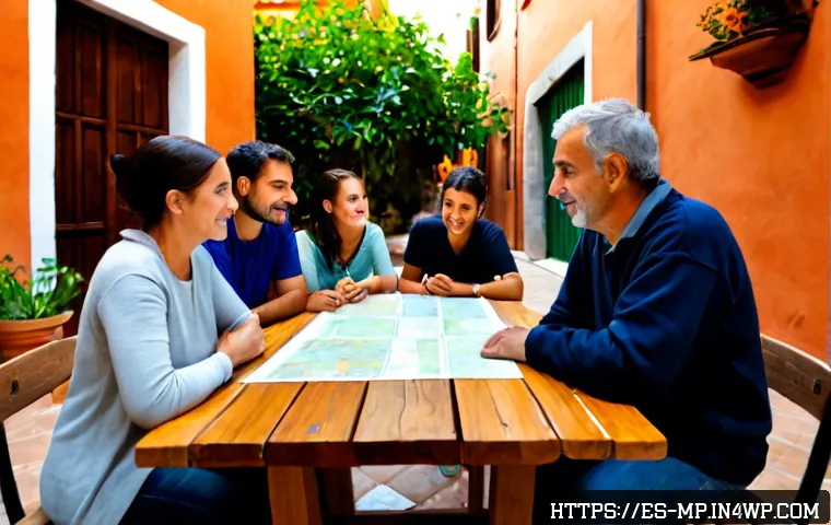 마이크로커뮤니티 발전을 위한 협력 방법 - Photorealistic neighborhood collaboration meeting in a sunny Spanish town community courtyard, diver...